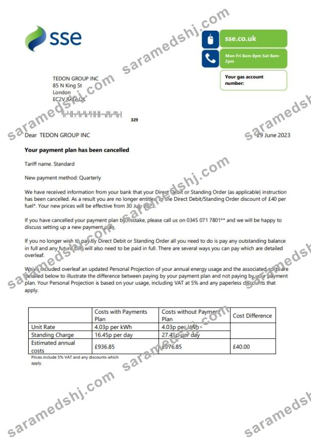 SSE Energy utility business bill, Word and PDF template,  version 1